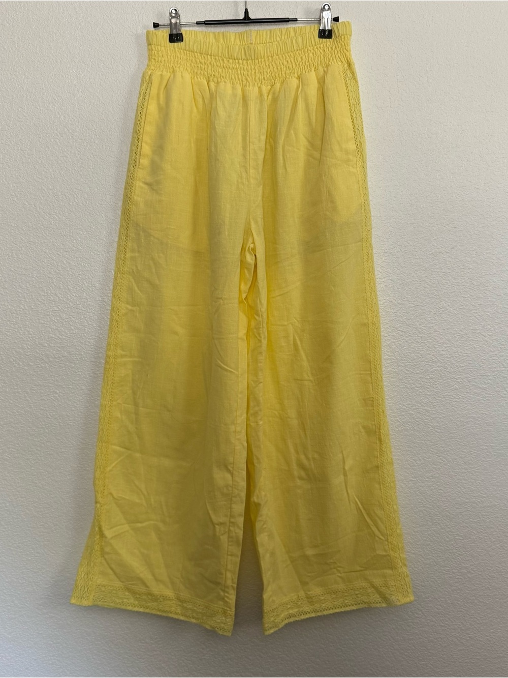 New Yellow Cotton Lace Trim Straight Leg Pants Medium